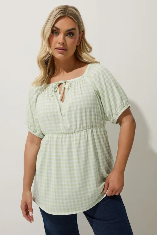 LIMITED COLLECTION Curve Sage Green Gingham Tie Neck Peplum Top - Size 14 Image 1