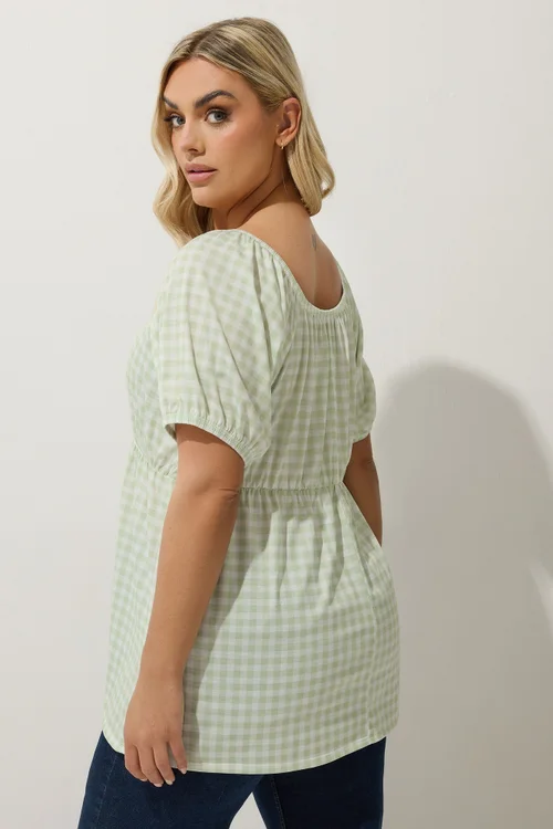 LIMITED COLLECTION Curve Sage Green Gingham Tie Neck Peplum Top - Size 14 Image 4