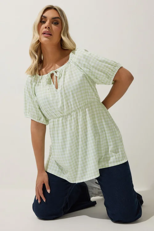 LIMITED COLLECTION Curve Sage Green Gingham Tie Neck Peplum Top - Size 14 Image 2