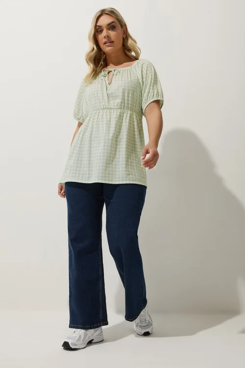 LIMITED COLLECTION Curve Sage Green Gingham Tie Neck Peplum Top - Size 14 Image 3