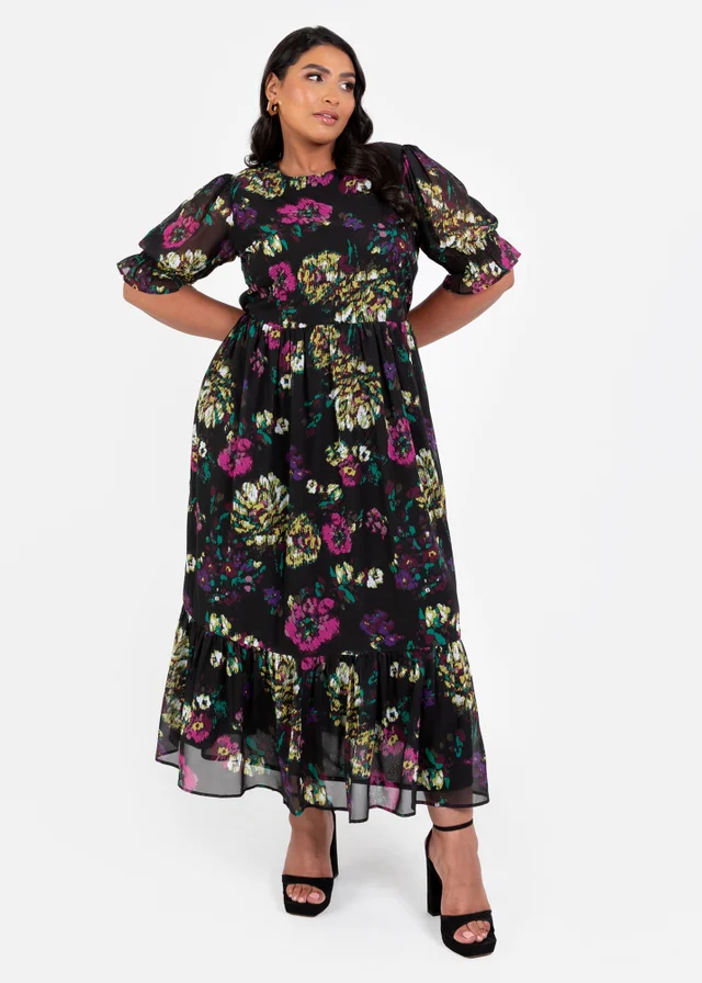 Lovedrobe Black Floral Half Sleeve Midaxi Dress
