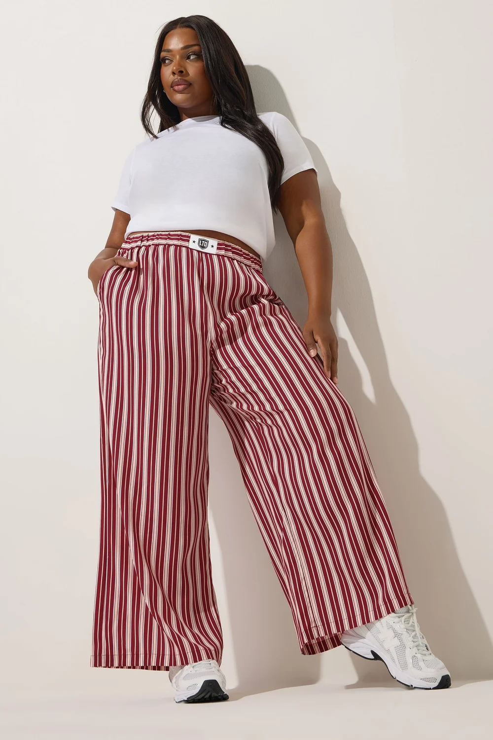 Yours Limited Collection Curve Dark Pink Stripe Boxer Waist Trousers - 14 Image 1