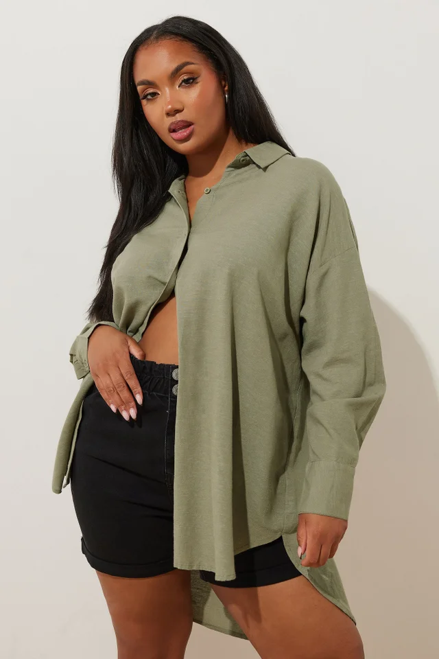 YOURS Curve Khaki Green Long Sleeve Linen Shirt