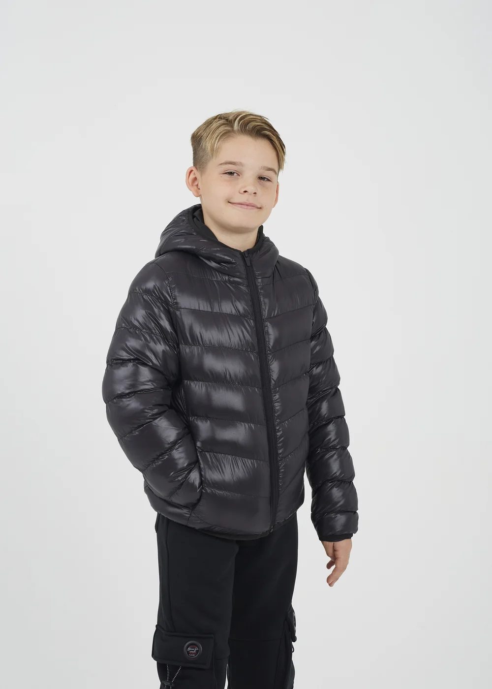 Brave Soul Black Shiny Quilted Hooded Puffer Jacket (7-13 yrs) - 7-8 Yrs Image 1