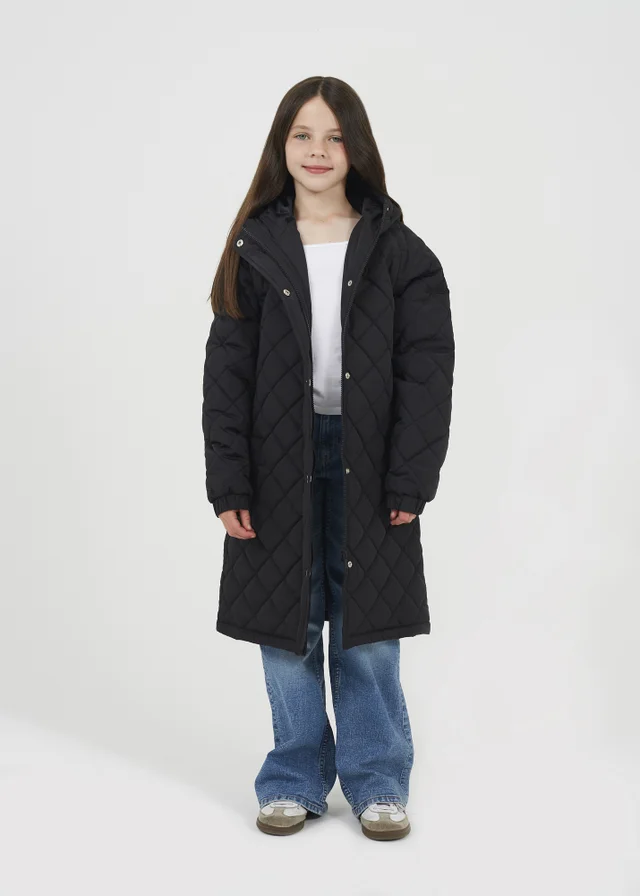 Brave Soul Black Diamond Quilted Longline Hooded Jacket (7-13 yrs)