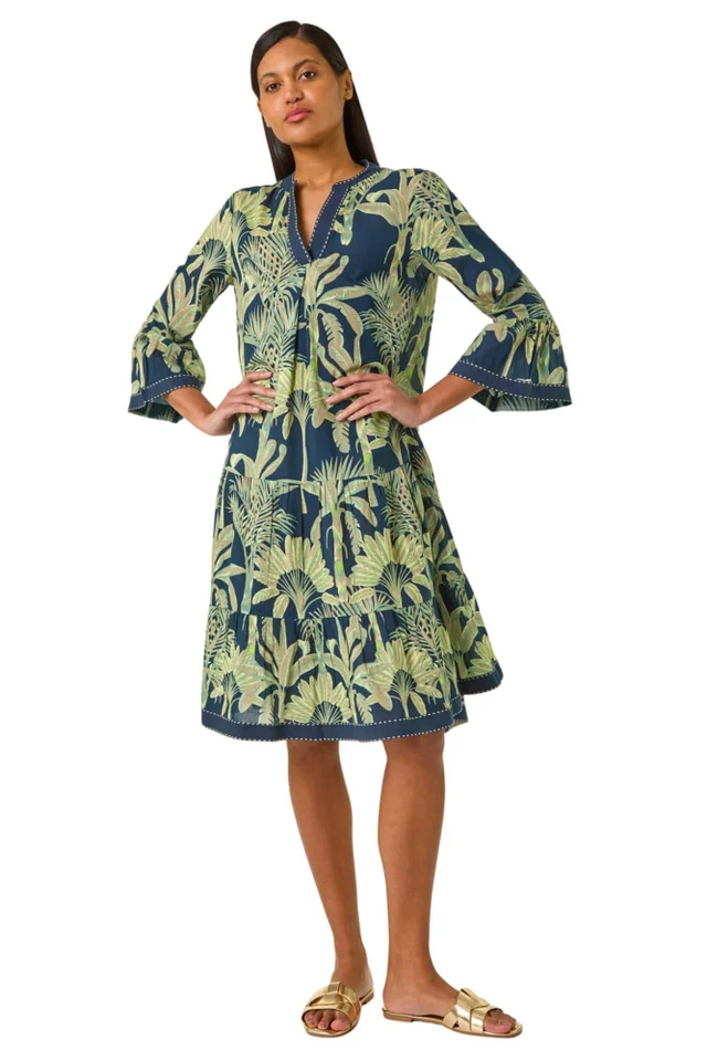Roman Navy Palm Print V-Neck Tiered Dress