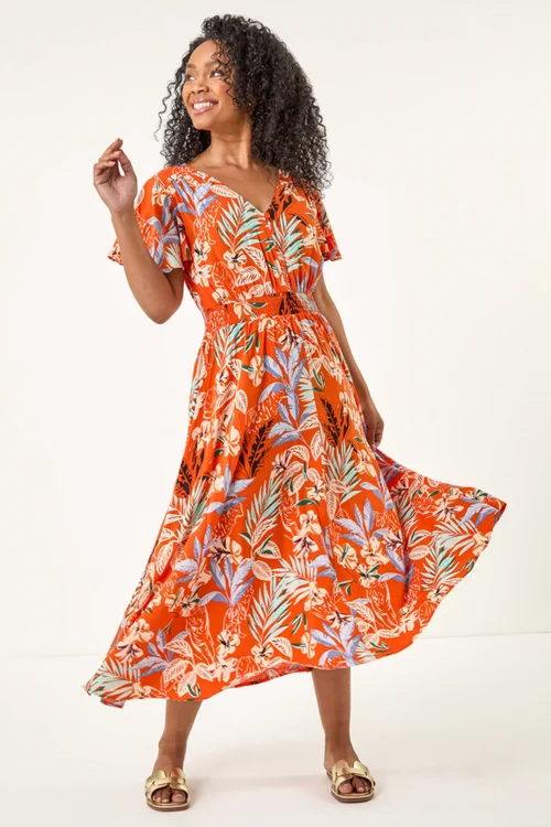 Roman Orange Petite Leaf Print Shirred Midi Dress - 14 Image 2