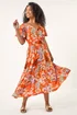 Roman Orange Petite Leaf Print Shirred Midi Dress - 14 Image 2