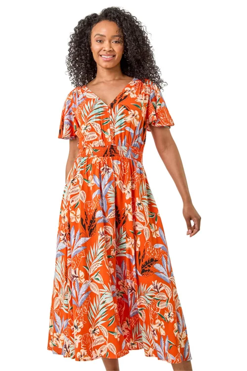 Roman Orange Petite Leaf Print Shirred Midi Dress - 14 Image 1