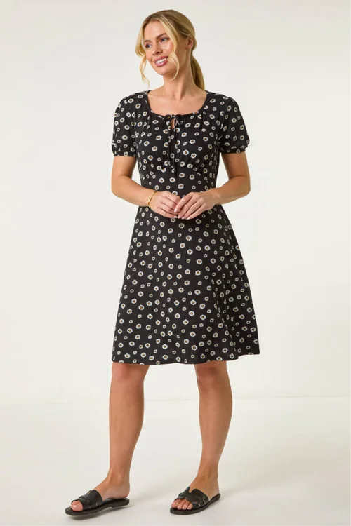 Roman Black Petite Ditsy Floral Tie Detail Dress - Size 16 Image 2