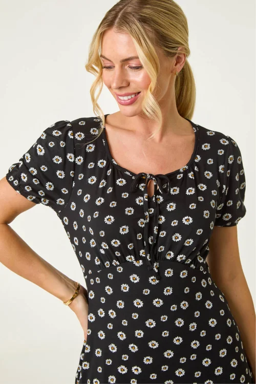 Roman Black Petite Ditsy Floral Tie Detail Dress - Size 16 Image 4