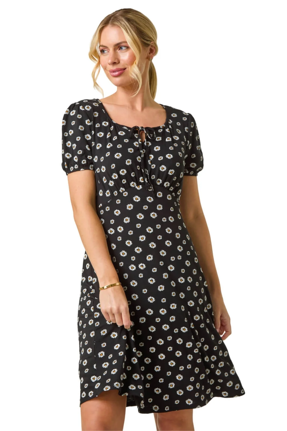 Roman Black Petite Ditsy Floral Tie Detail Dress - Size 16 Image 1