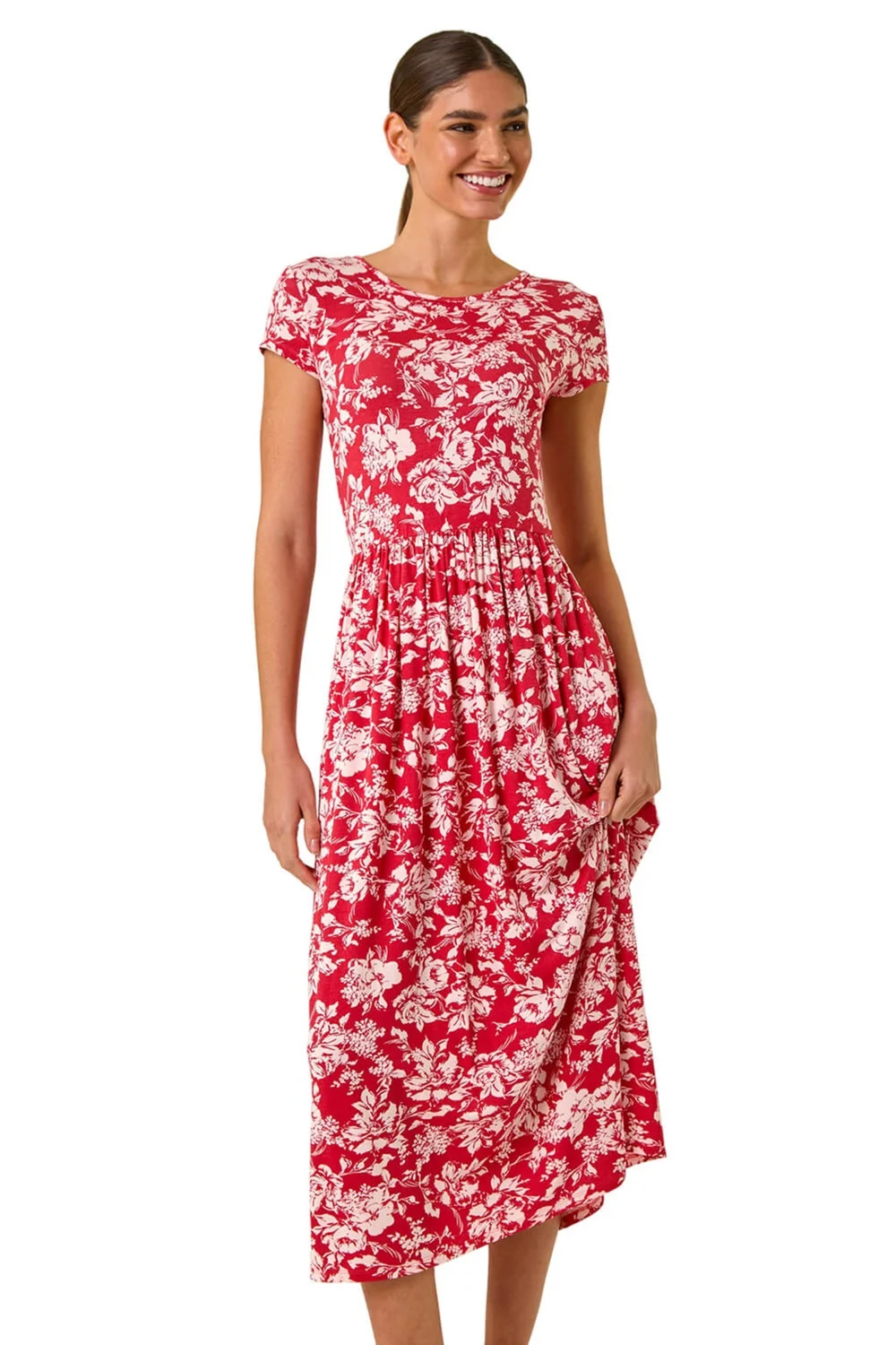 Roman Red Floral Print Stretch Midi Dress - Size 14 Image 1