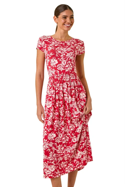 Roman Red Floral Print Stretch Midi Dress - Size 14 Image 1