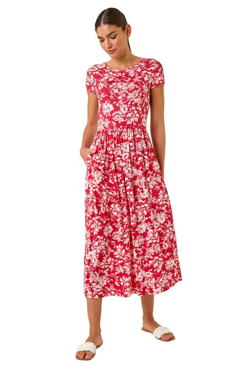 Roman Red Floral Print Stretch Midi Dress - Size 14 Image 2