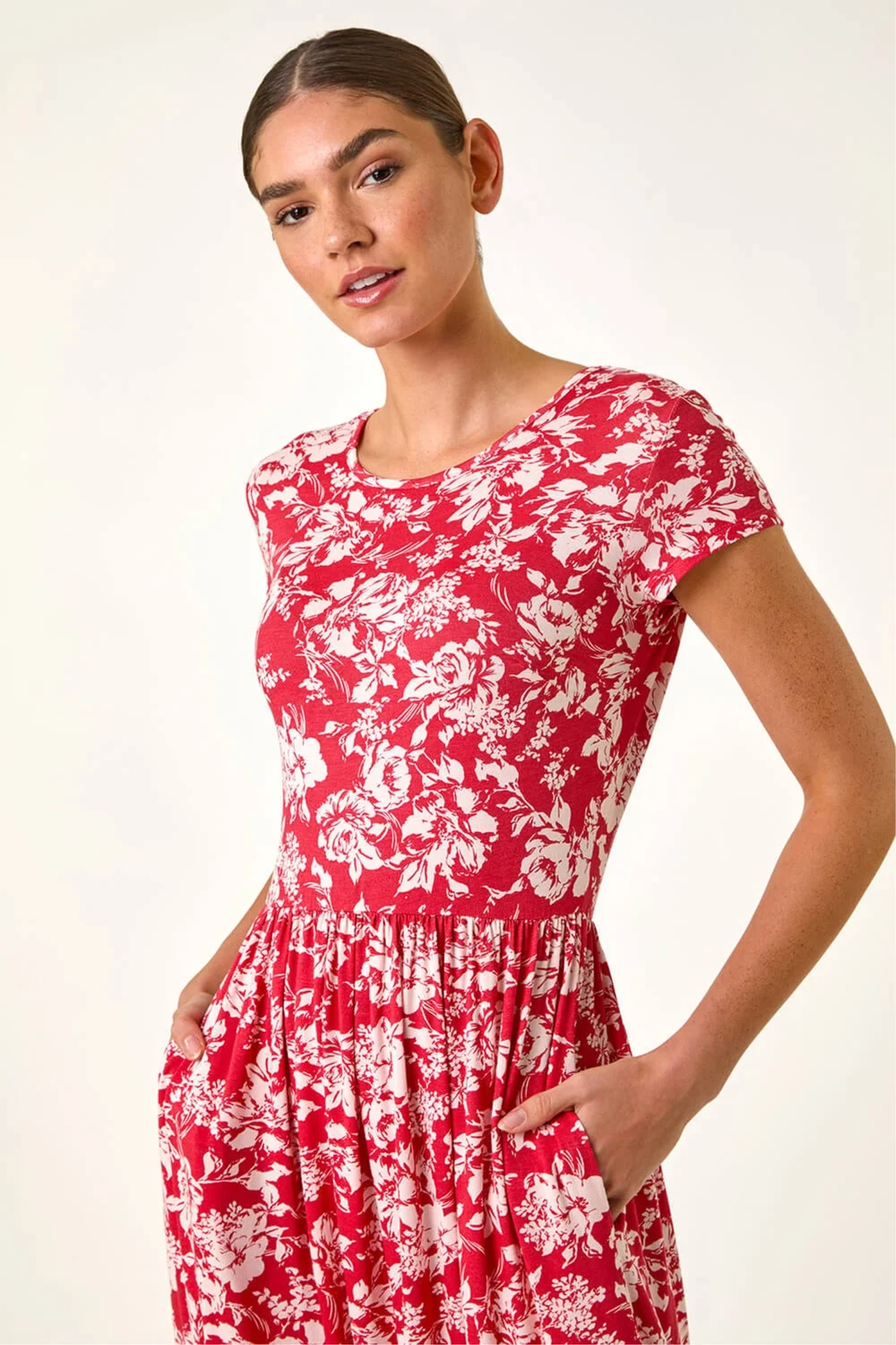 Roman Red Floral Print Stretch Midi Dress - Size 12 Image 4
