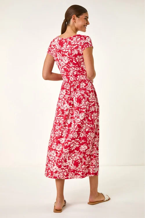 Roman Red Floral Print Stretch Midi Dress - Size 14 Image 3