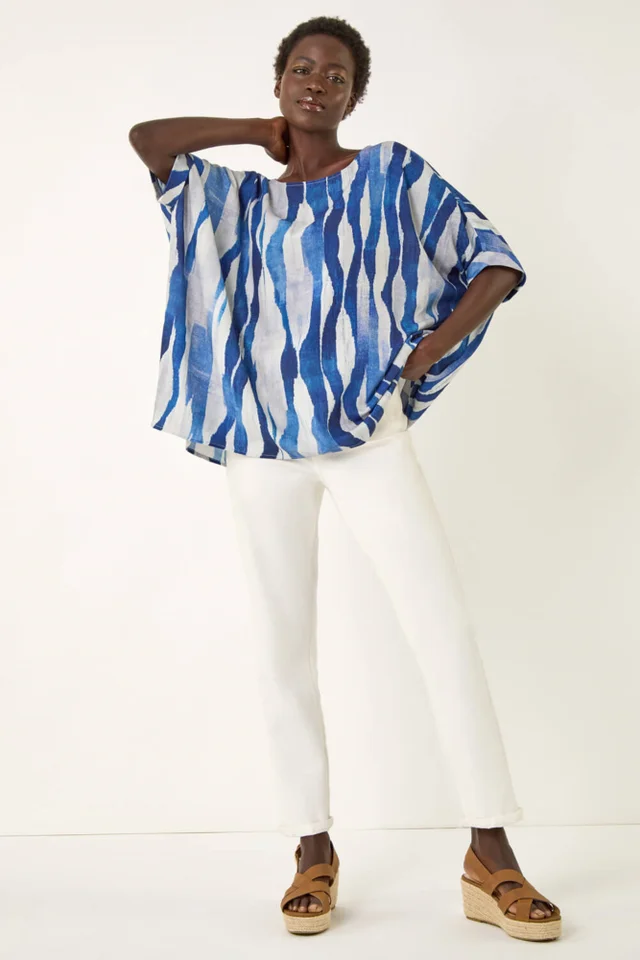 Roman Blue Abstract Print Buttoned Tunic Top