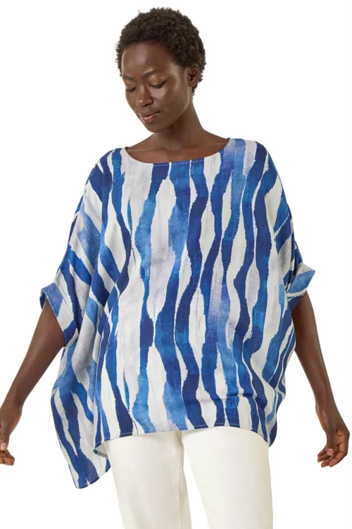 Roman Blue Abstract Print Buttoned Tunic Top - Size 16 Image 1