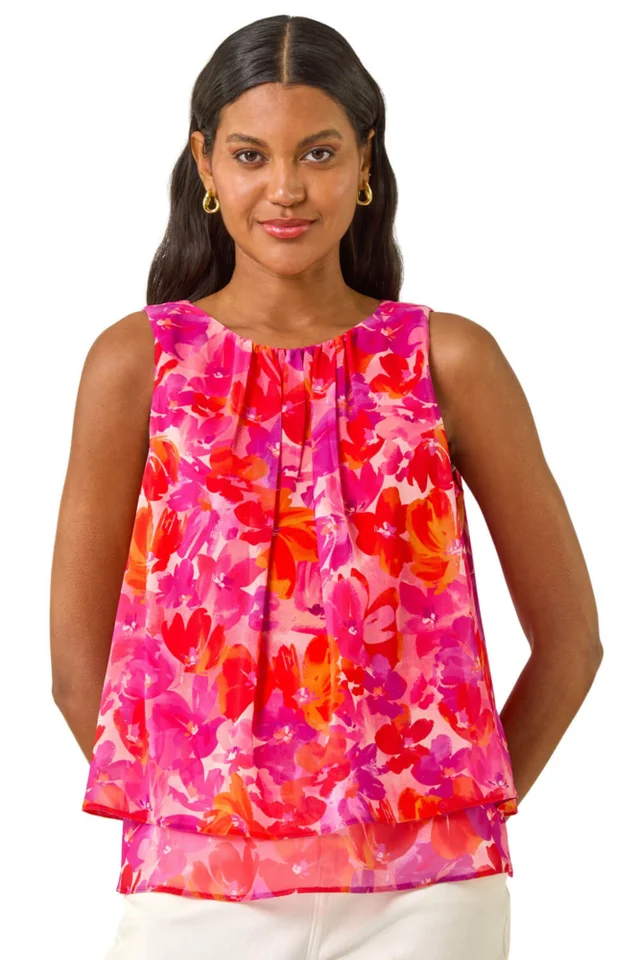 Roman Pink Floral Double Layered Pleated Top