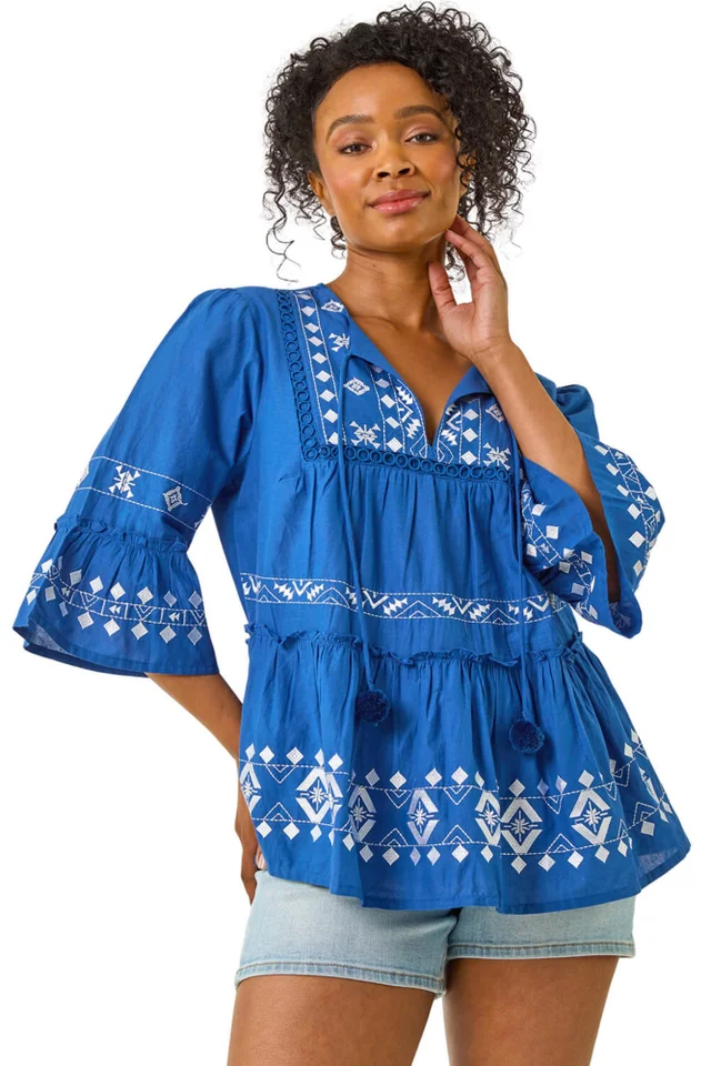 Roman Blue Petite Contrast Print Pom Pom Top