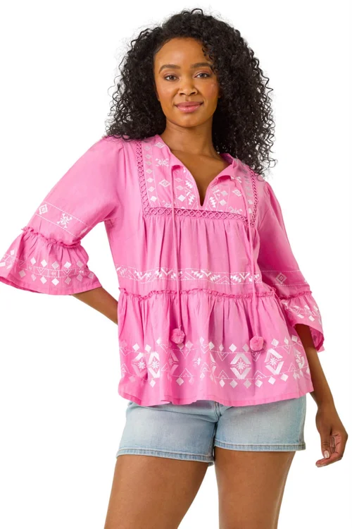Roman Pink Petite Contrast Print Pom Pom Top - Size 12 Image 1