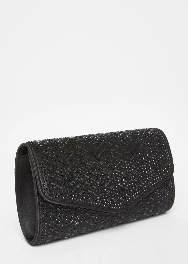 Quiz Black Diamante Clutch Bag