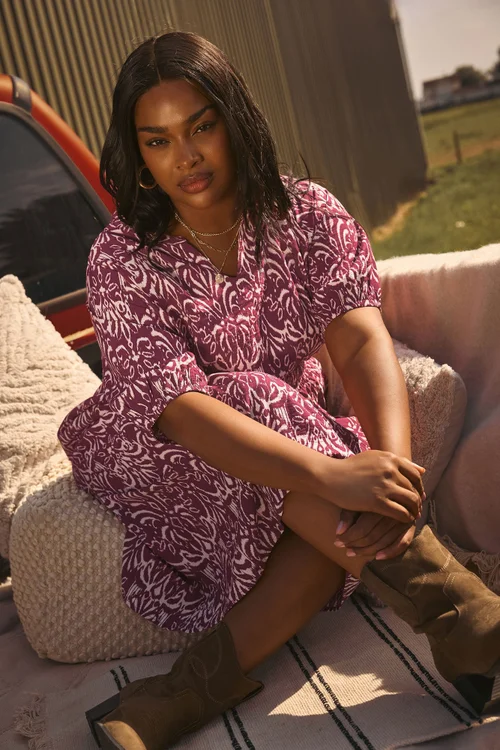 Yours Curve Red Ikat Notch Neck Midaxi Dress - 22-24 Image 1