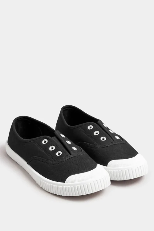 Yours Black Canvas Slip On Trainers In Wide E Fit - 4 Wide Image 2