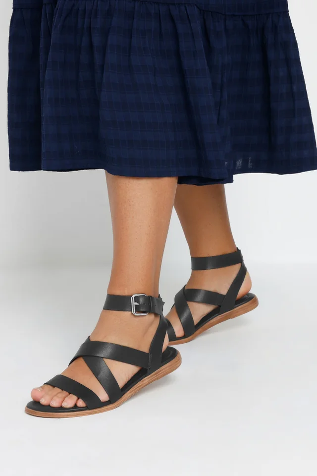 Yours Black Cross Over Strappy Sandals In Extra Wide EEE Fit