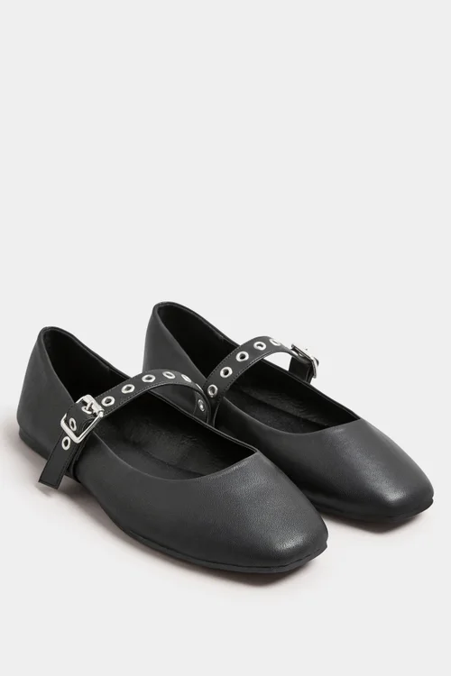 Yours Black Buckle Detail Mary Jane Rivet Flats In Extra Wide Fit - 8 Extra Wide Image 2