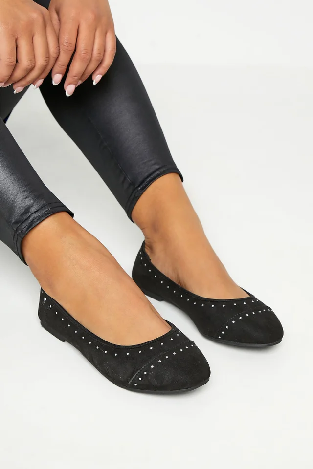 Yours Black Faux Suede Diamante Ballerina Pumps In Wide E Fit