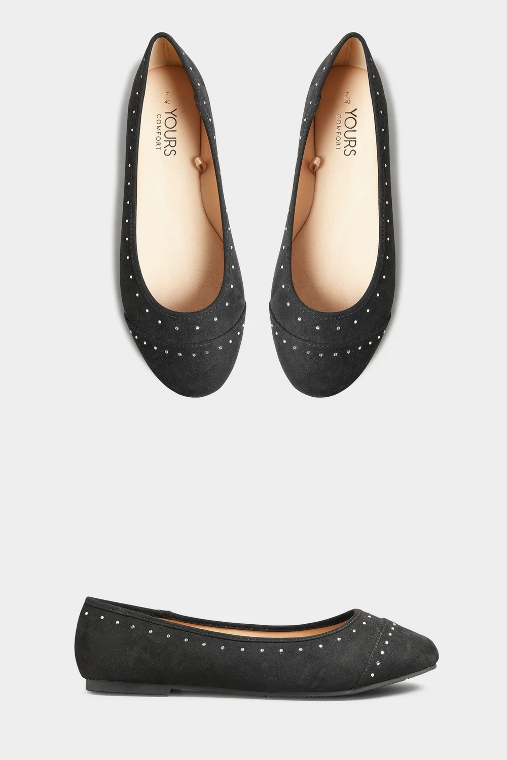 Yours Black Faux Suede Diamante Ballerina Pumps In Wide E Fit - 9 Extra Wide Image 3