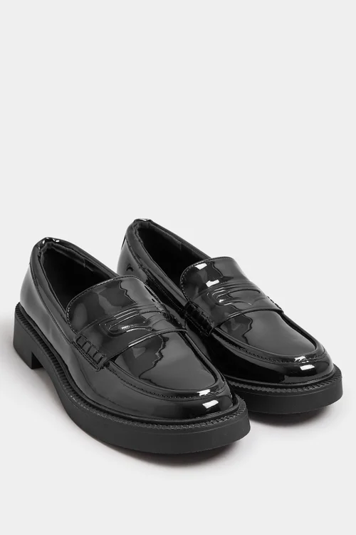 Yours Black Patent Chunky Slip On Loafers In Wide E Fit - 5 Extra Wide Image 2