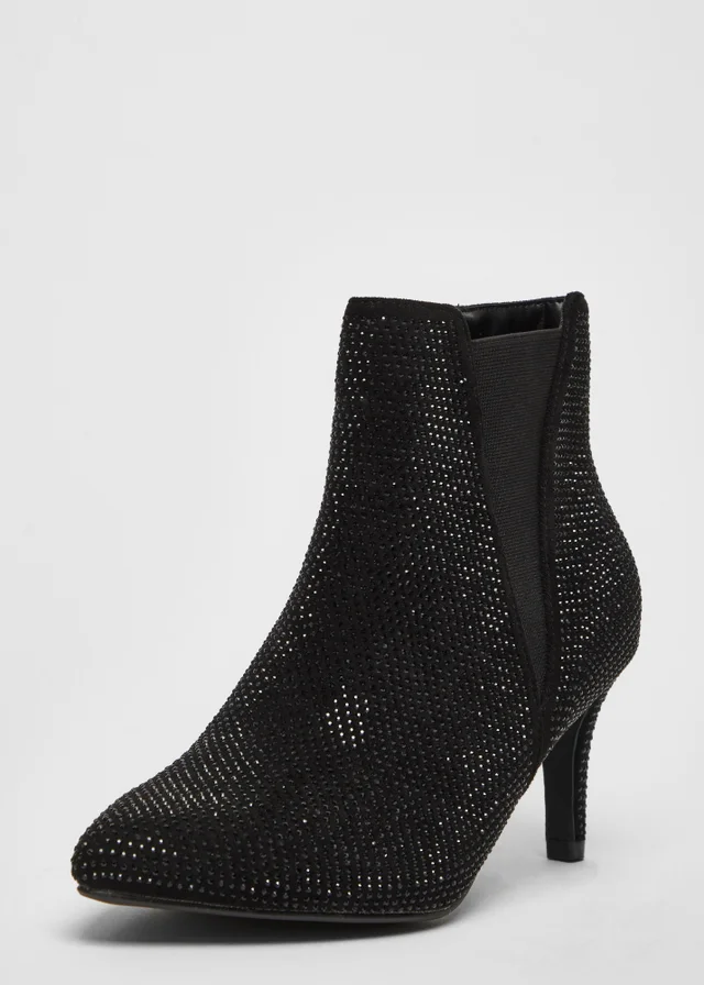 Quiz Black Wide Fit Diamante Ankle Boots