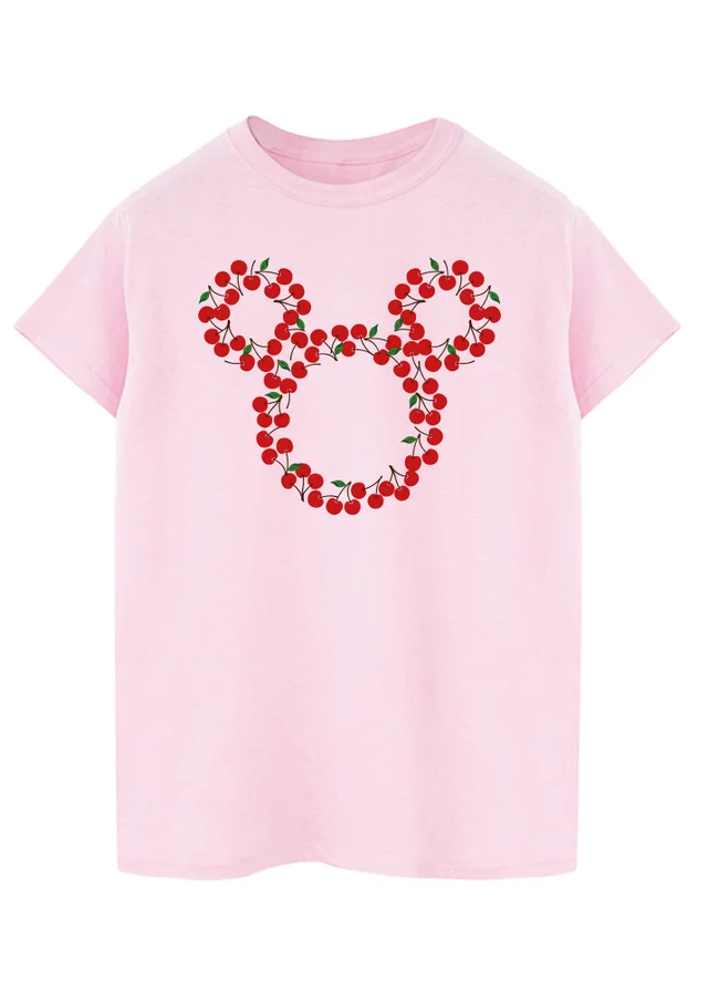 Spiral Galaxy Disney Mickey Mouse Cherry Head Pink Boyfriend Fit Graphic T-Shirt