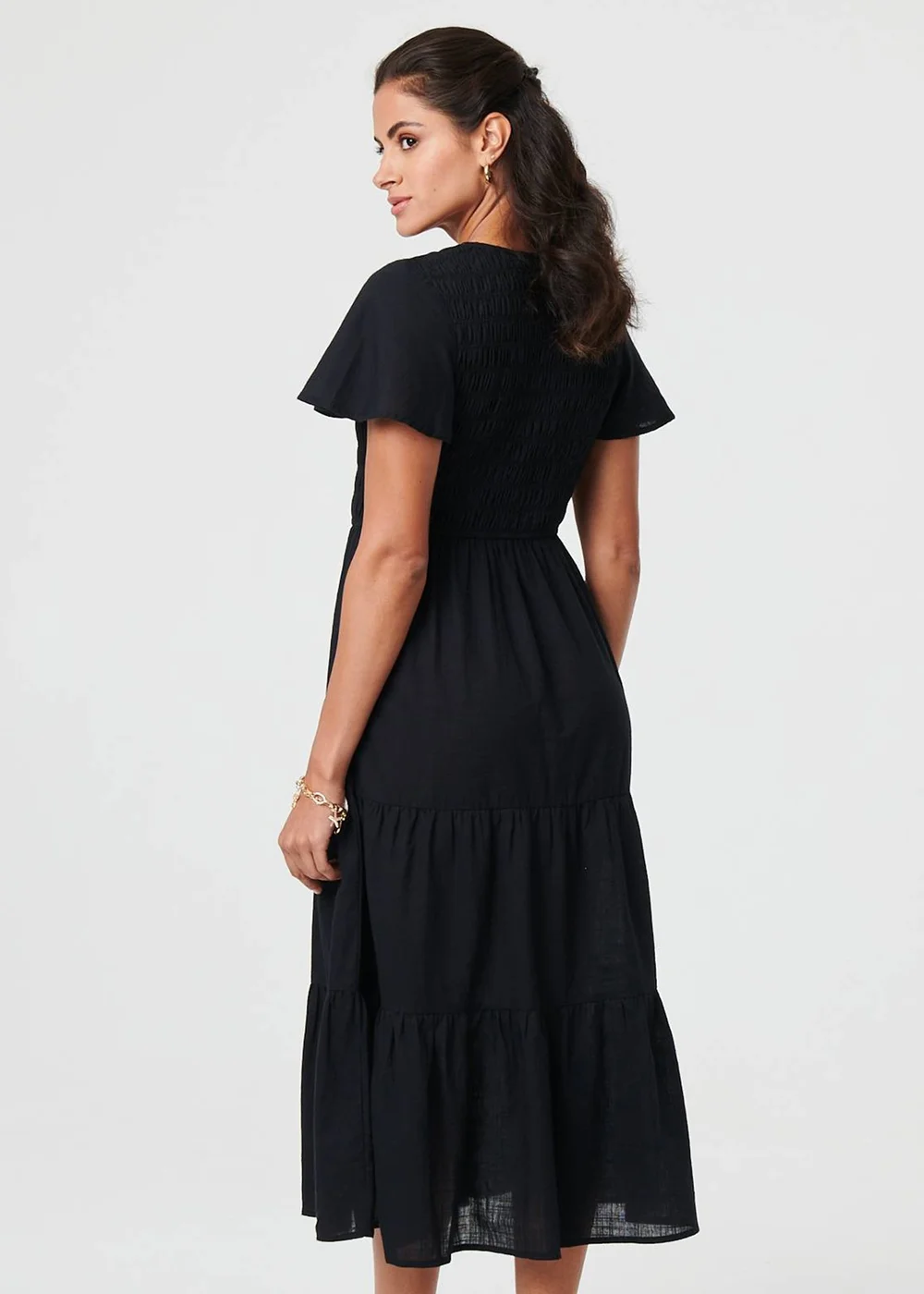 Izabel London Black Smocked Flared Sleeve Tiered Midi Dress - 8 Image 2