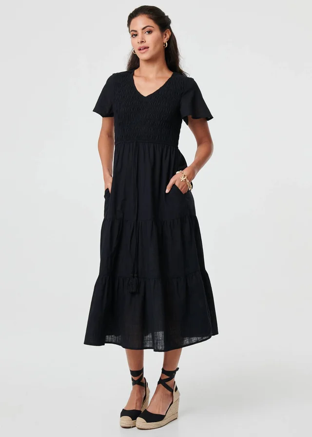 Izabel London Black Smocked Flared Sleeve Tiered Midi Dress