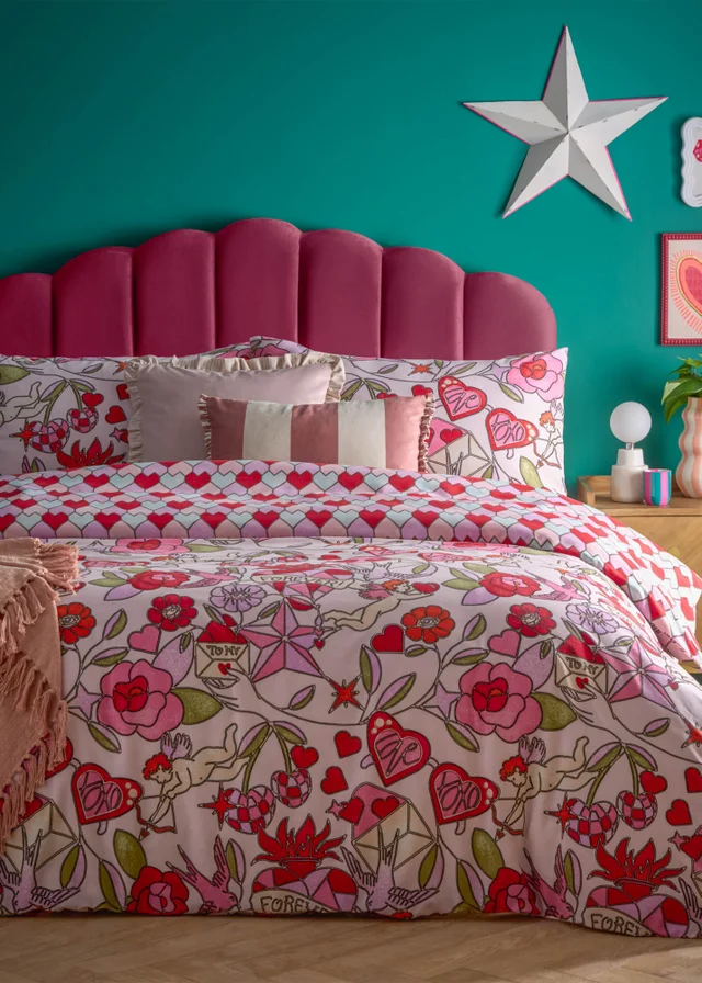 furn. Glasshearts Printed Pink Duvet Cover Set