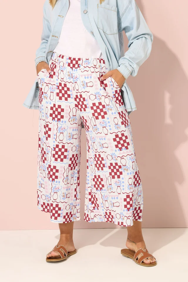 Yours Curve White Floral Check Crinkle Midaxi Culottes