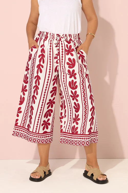 Yours Curve Red Aztec Leaf Midaxi Culottes - 26-28 Image 1