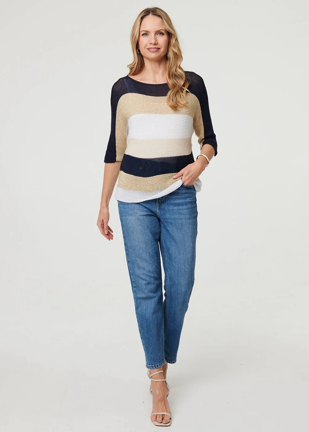 Izabel London Navy Striped 3/4 Sleeve Mesh Texture Jumper - M/L Image 4