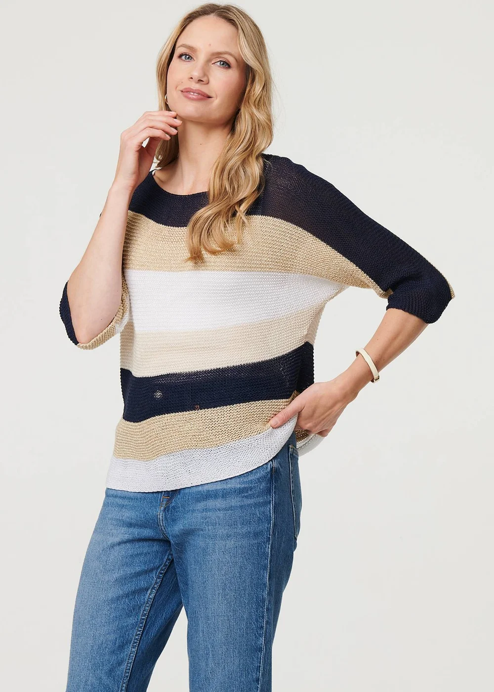 Izabel London Navy Striped 3/4 Sleeve Mesh Texture Jumper - M/L Image 1