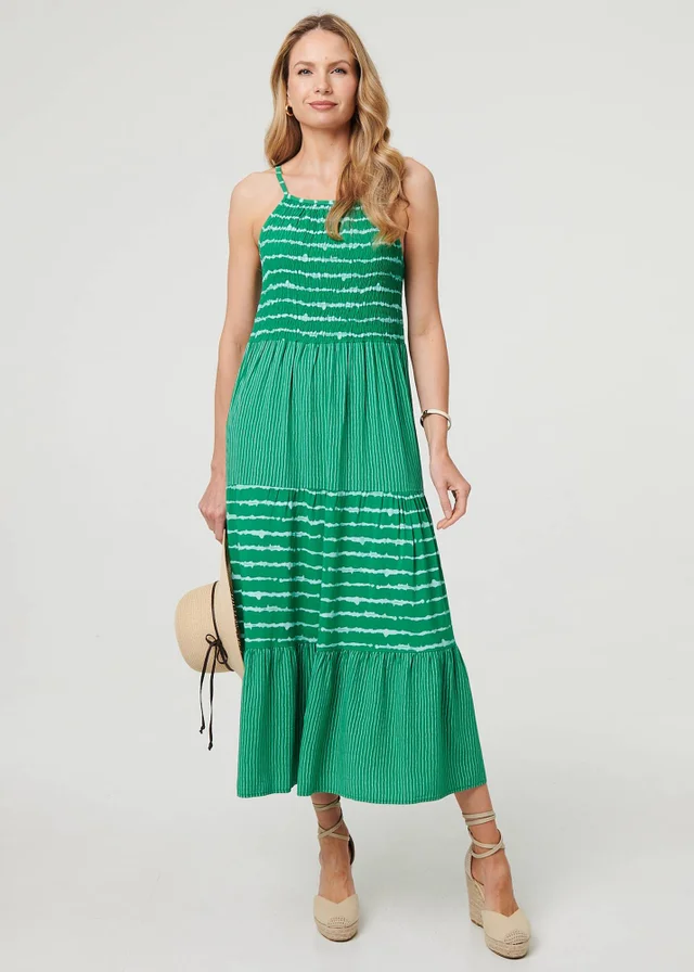 Izabel London Green Striped Ruched Texture Tiered Midi Dress