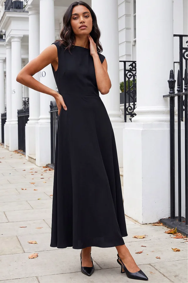 Roman Black Fit & Flare Maxi Dress