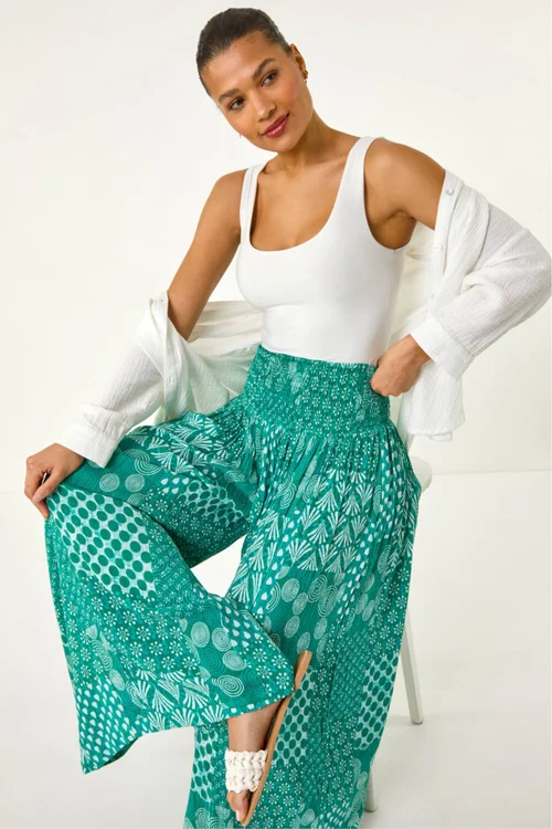 Roman Jade Swirl Print Palazzo Wide Leg Trouser - One Size Image 2