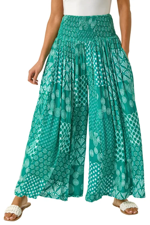 Roman Jade Swirl Print Palazzo Wide Leg Trouser - One Size Image 1