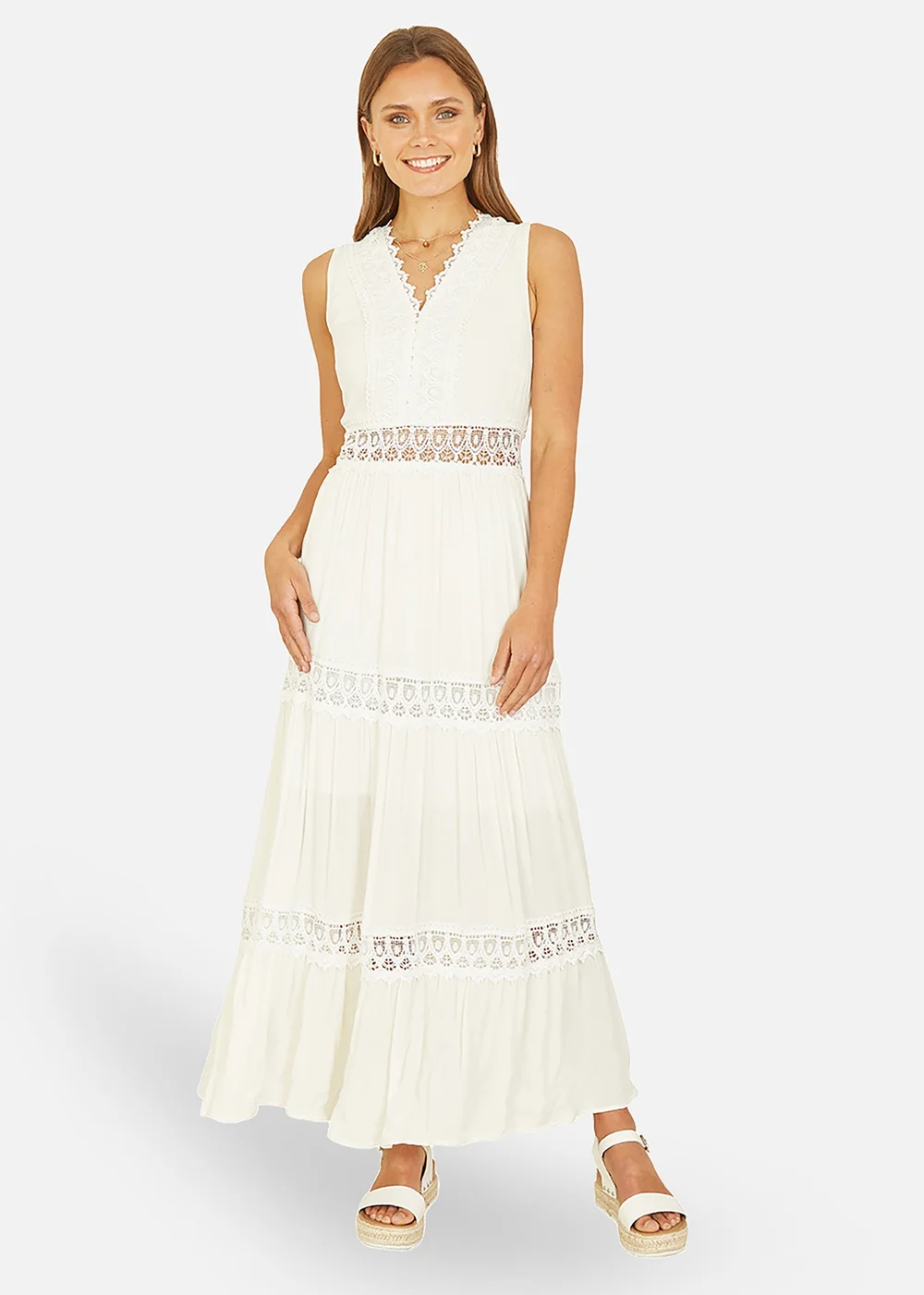 Yumi White Lace Trim Cotton Midi Sun Dress - S Image 1