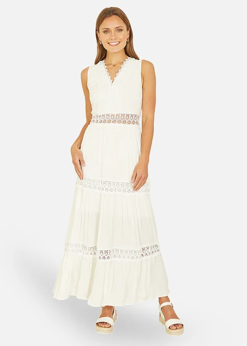 Yumi White Lace Trim Cotton Midi Sun Dress - S Image 1