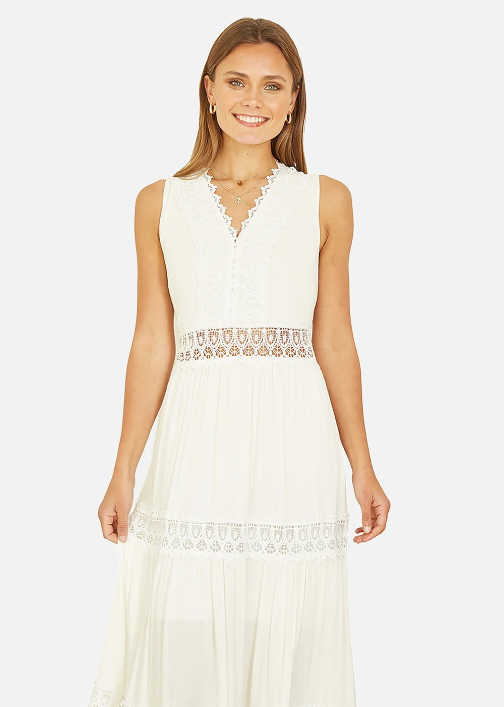 Yumi White Lace Trim Cotton Midi Sun Dress - S Image 2